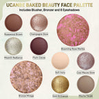 UCANBE baked makeup palette open showing eyeshadows and blush