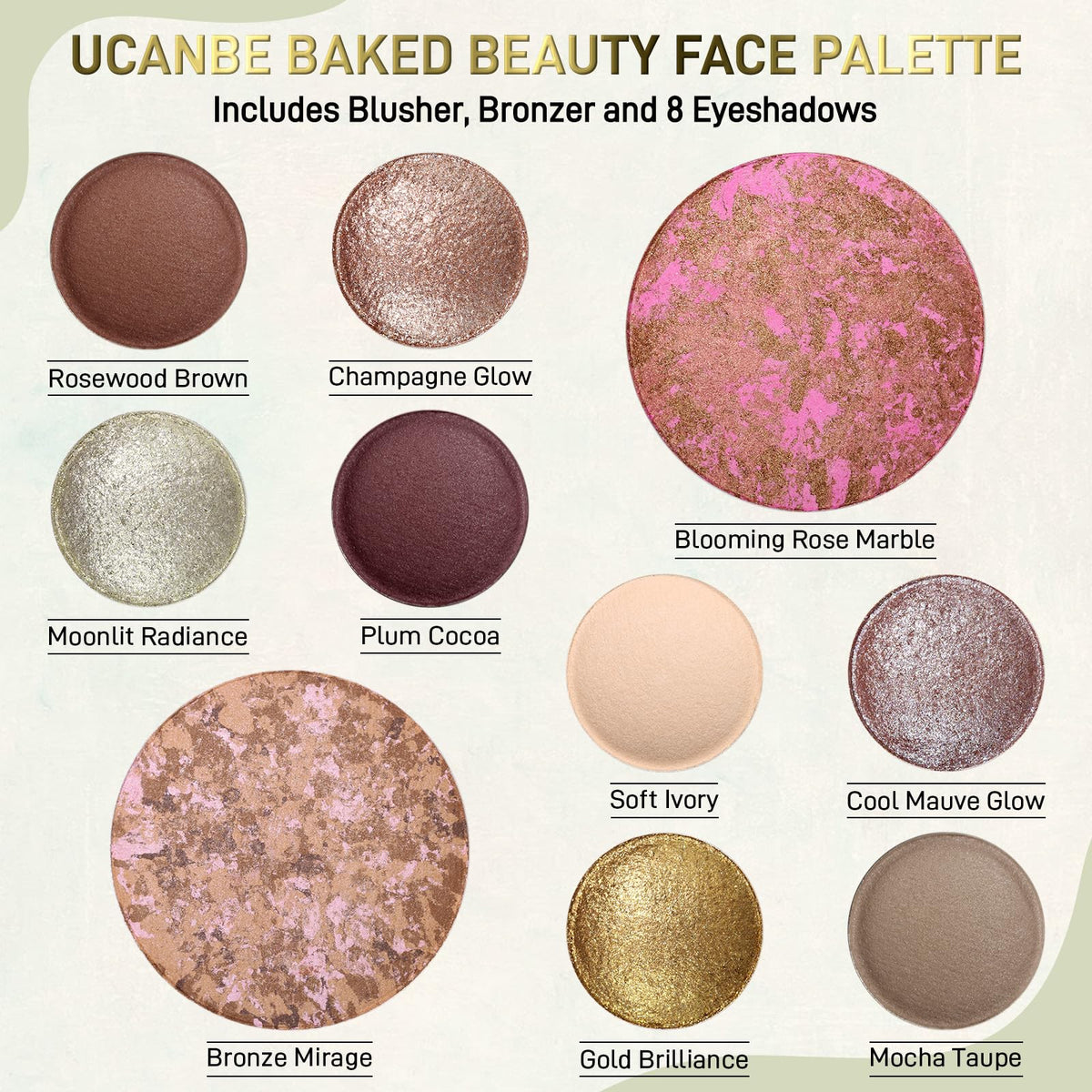 UCANBE baked makeup palette open showing eyeshadows and blush