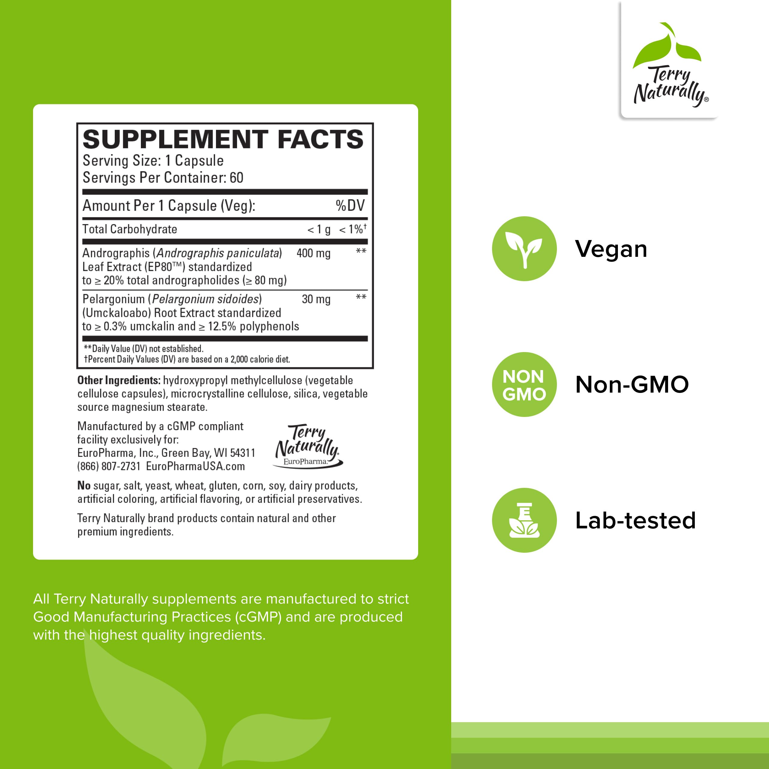 Terry Naturally respiratory supplement packaging showing vegan and non-GMO immune defense details.
