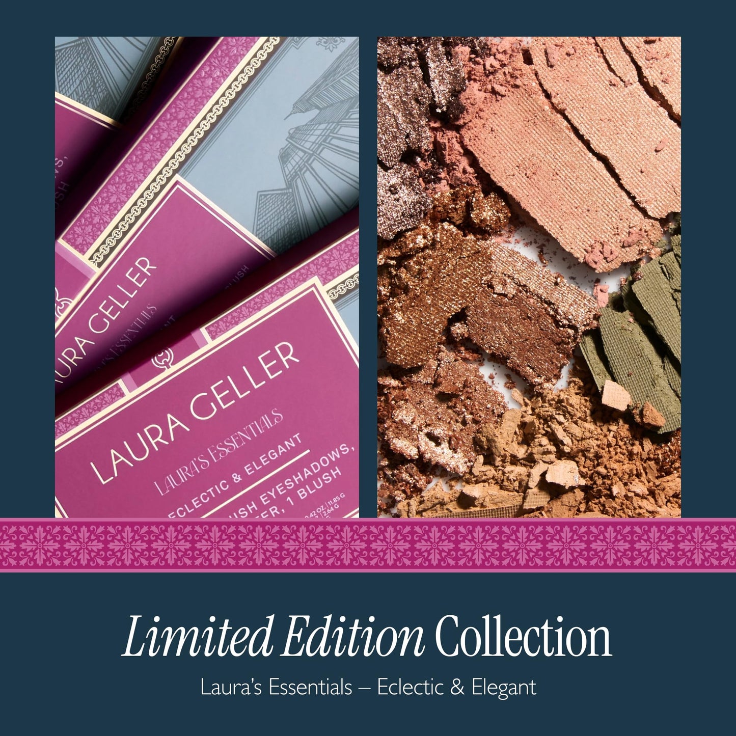 Open palette showing twelve eyeshadow shades and face powders