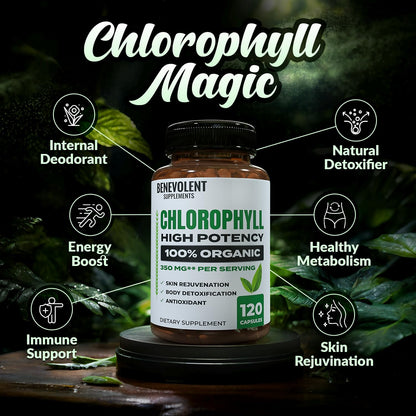Benevolent Nourishment 20x potency chlorophyll 120 veggie capsules label details and supplement facts