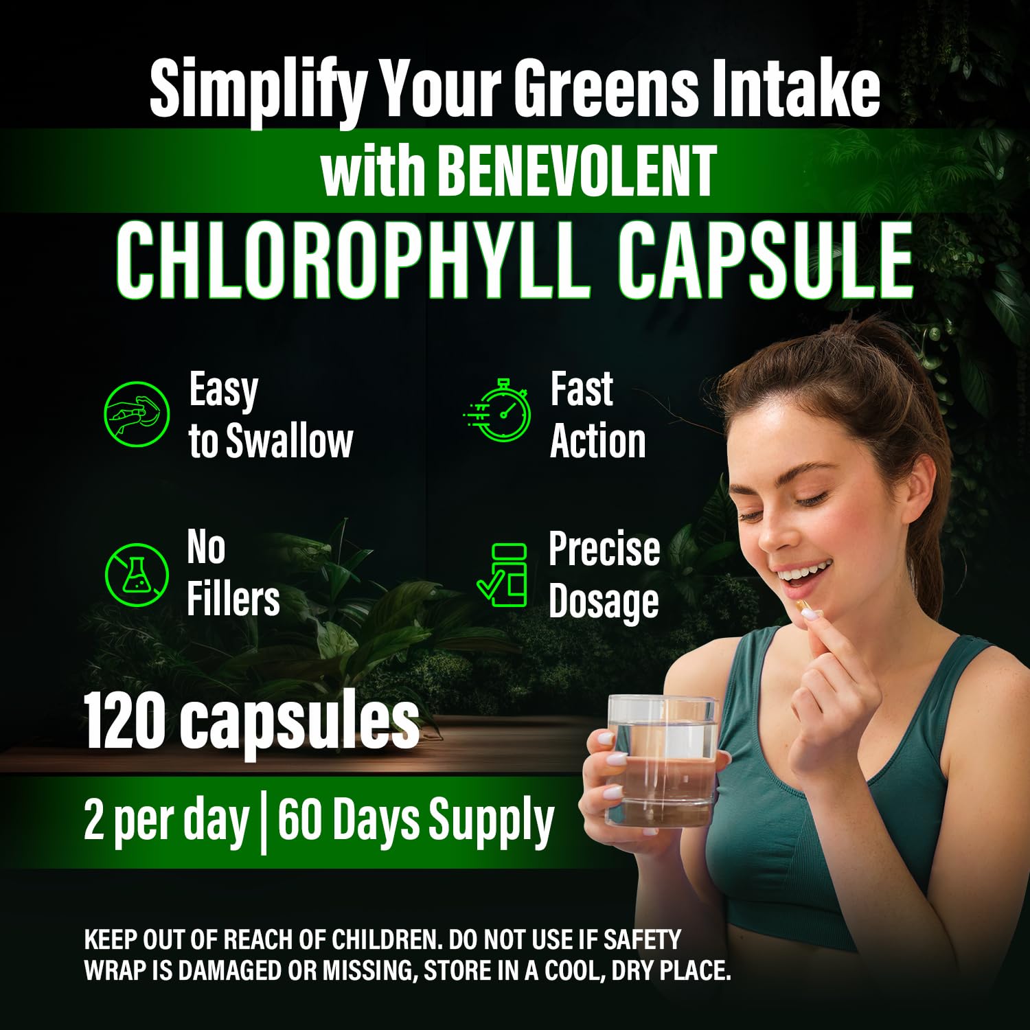Benevolent Supplements high potency supergreen chlorophyll capsules showing clean non GMO ingredients
