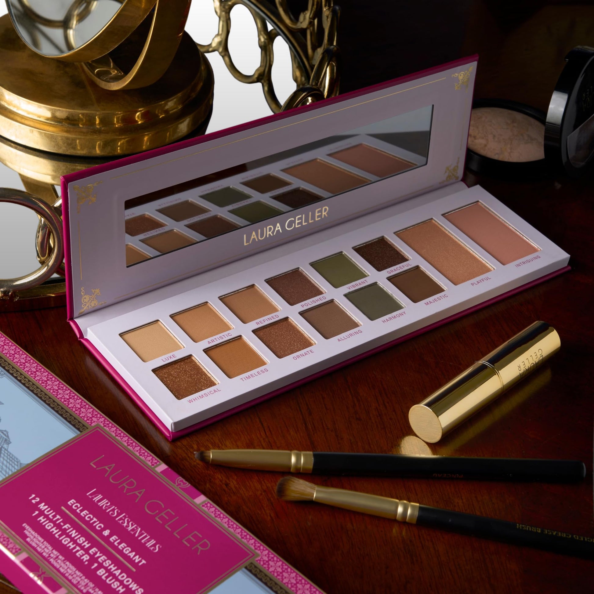 Top view of eyeshadow and face makeup kit