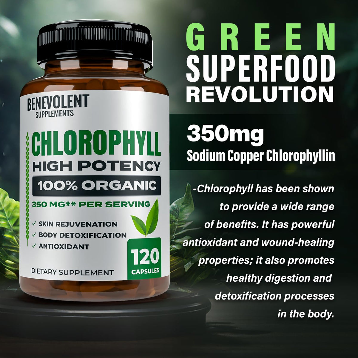 Benevolent Nourishment organic chlorophyll 350mg dietary supplement bottle for daily immune defense