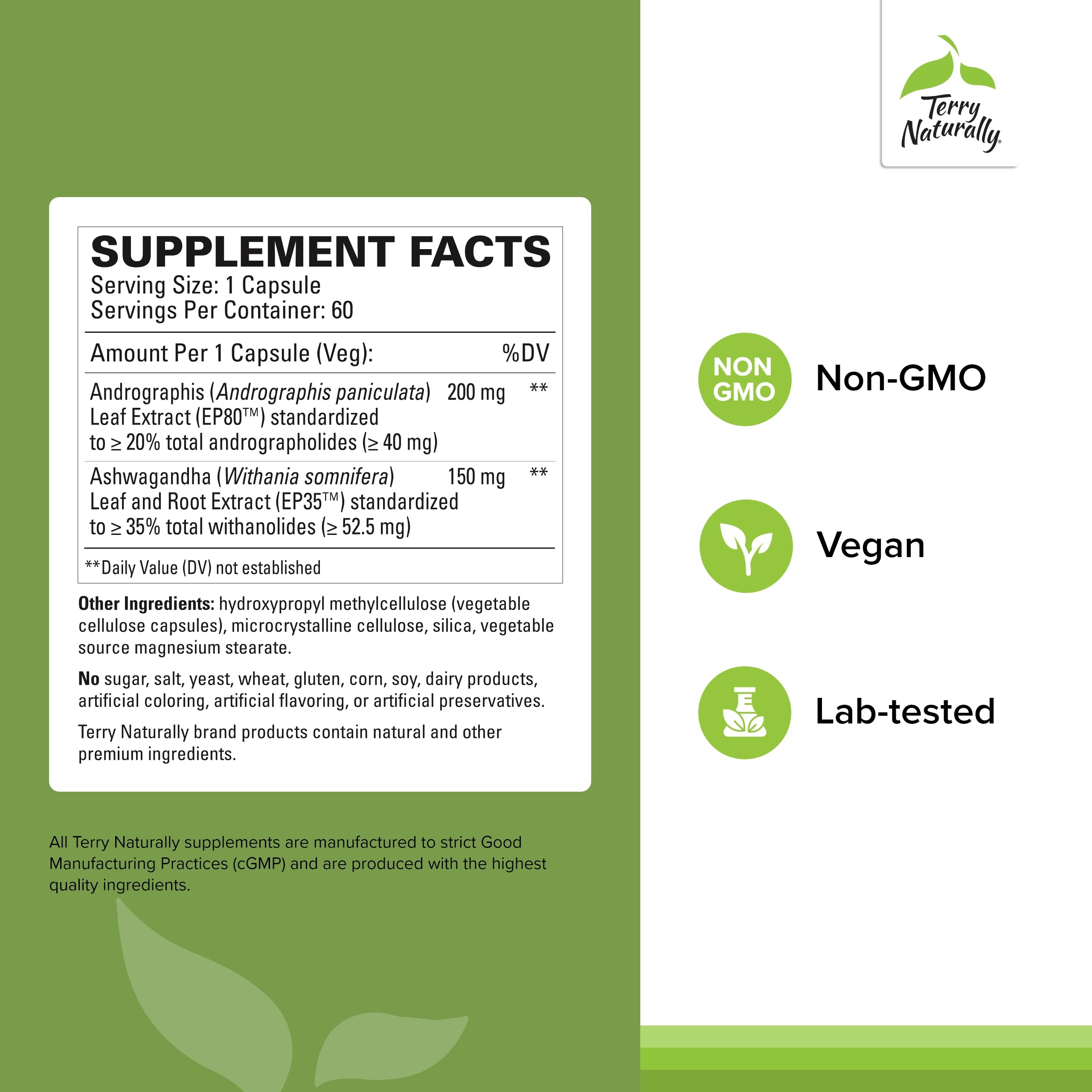 Terry Naturally immune defense supplement bottle displaying ingredient facts and adaptogen formula.