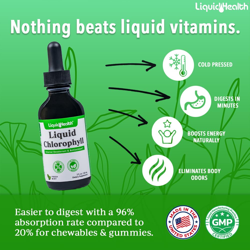 LiquidHealth liquid chlorophyll supplement 60ml bottle showing mint flavor label details