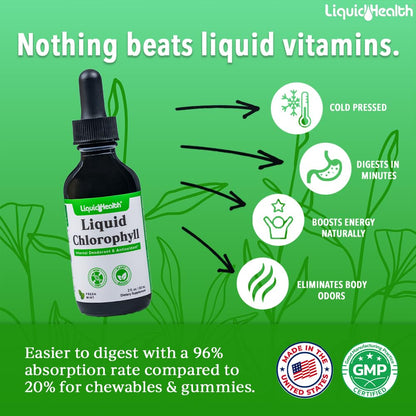 LiquidHealth liquid chlorophyll supplement 60ml bottle showing mint flavor label details