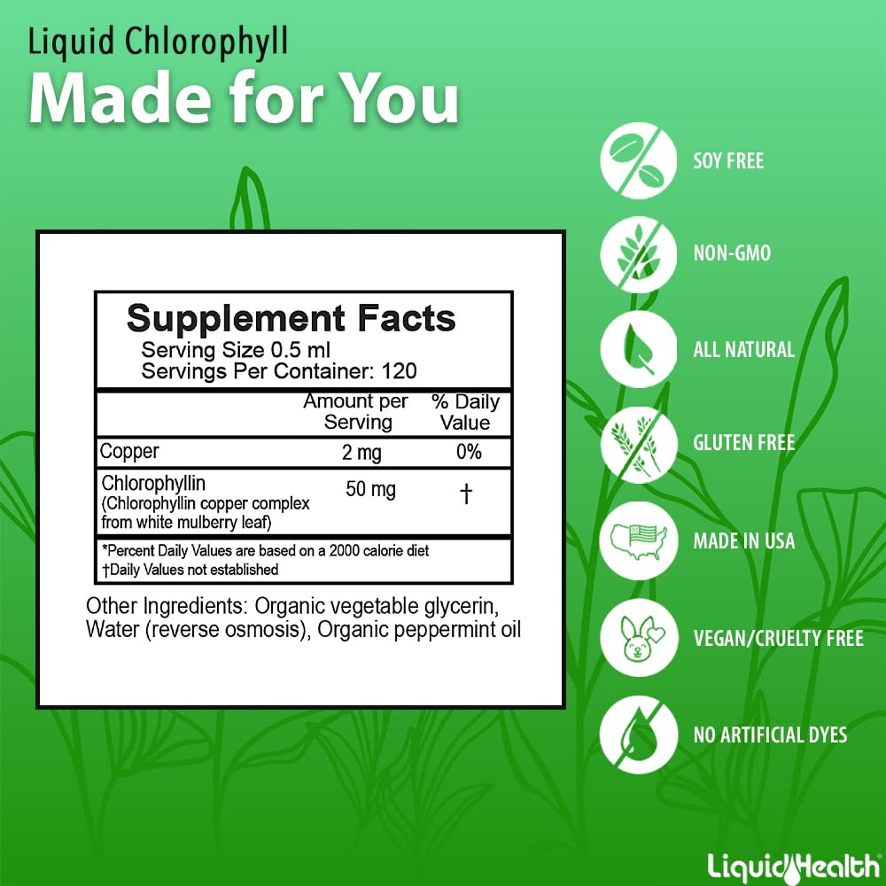 LiquidHealth vegan non GMO internal deodorizing chlorophyll drops packaging layout
