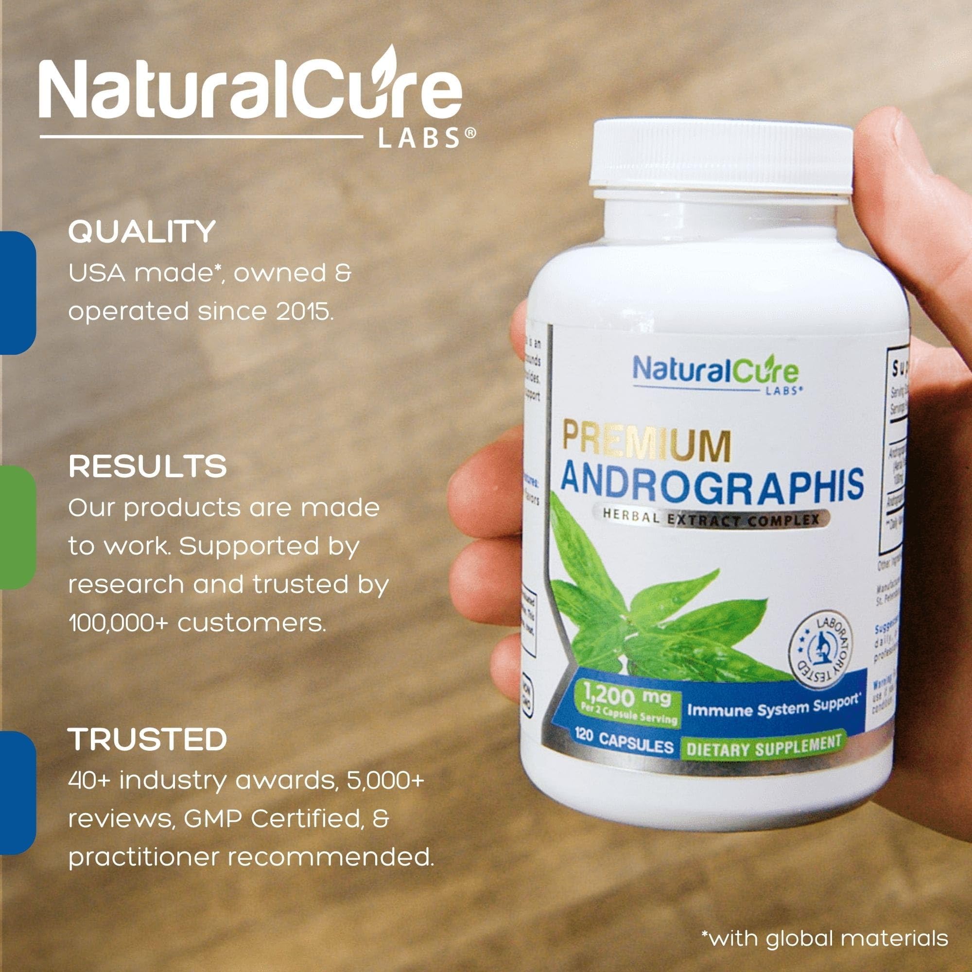 Natural Cure Labs Andrographis Paniculata supplement facts label detailing one hundred milligrams of standardized andrographolides.