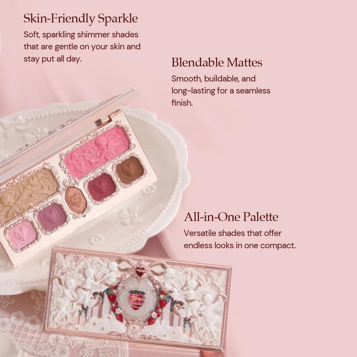 Flower Knows face palette rose gold lid with 3D cherub relief