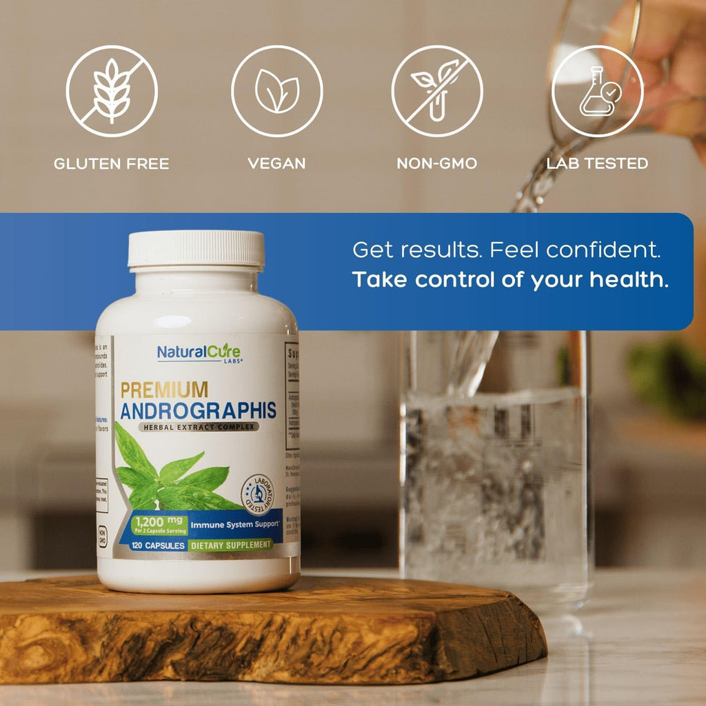 Side view of the Natural Cure Labs Andrographis capsule bottle highlighting the non-GMO and gluten-free badges.