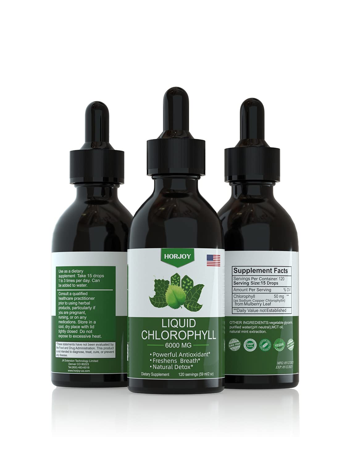 Horjoy Chlorophyll Liquid Drops side panel showing serving size information