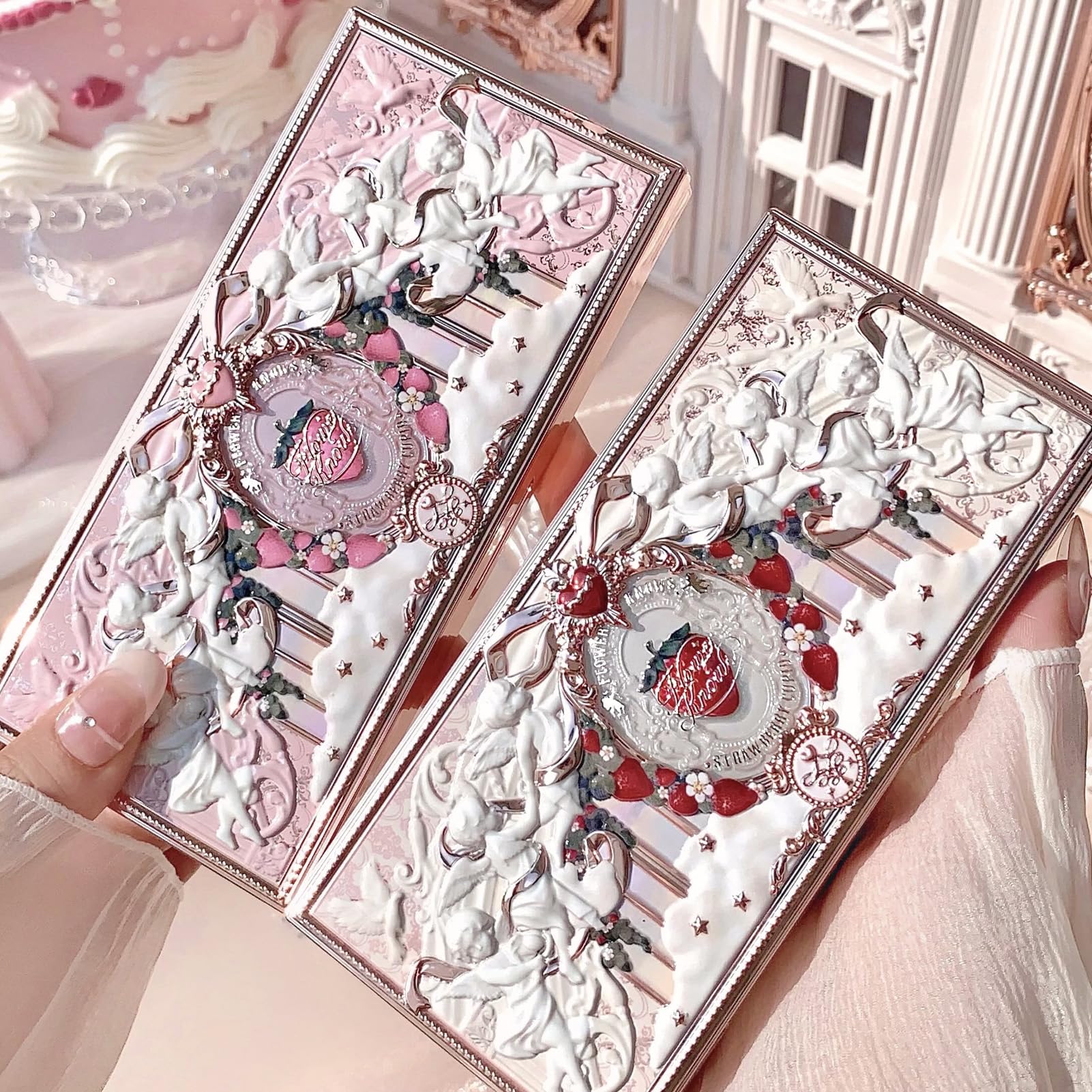 Detailed view of matte and shimmer powders in Flower Knows palette