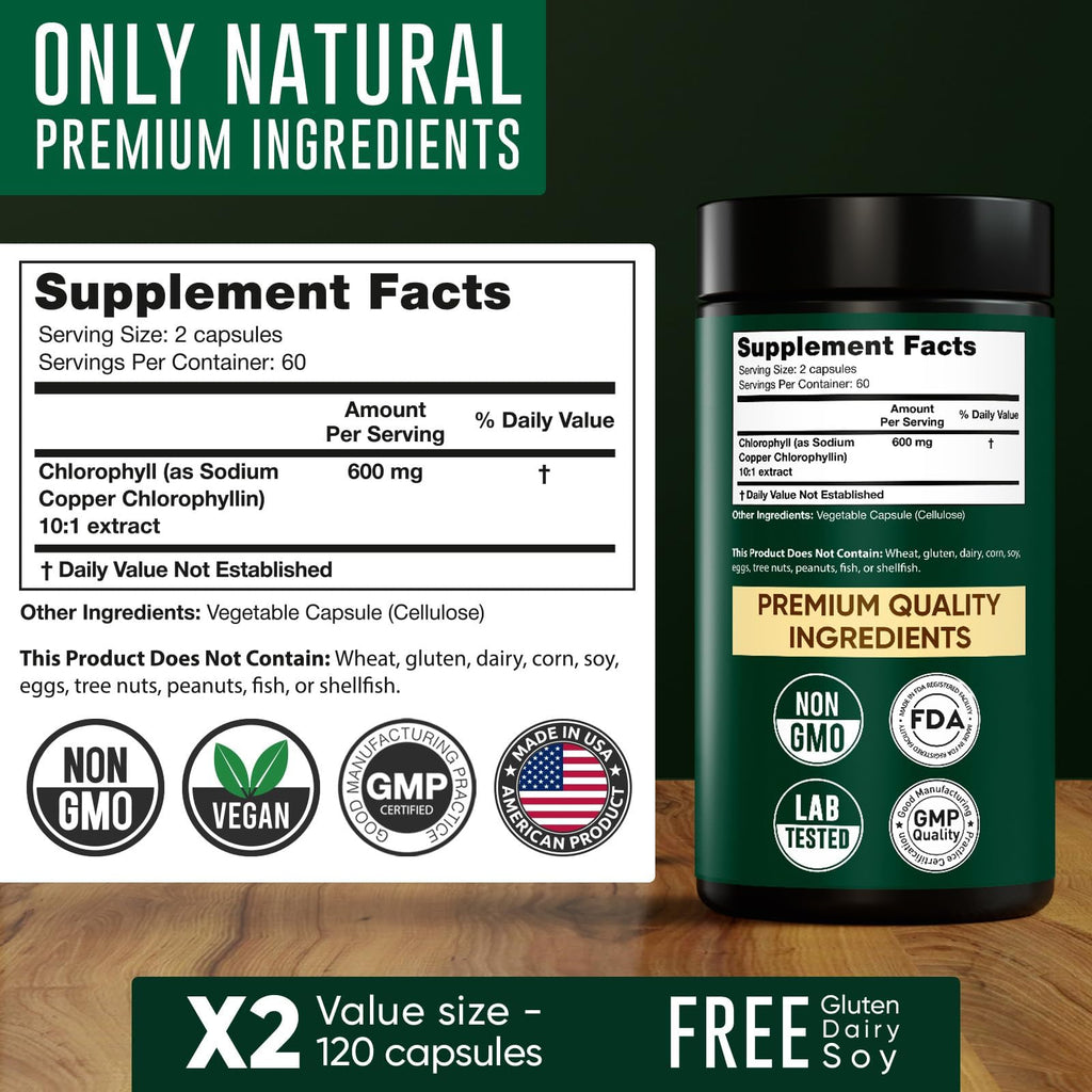 Premium imported Alpha Flow chlorophyll pills highlighting serving size