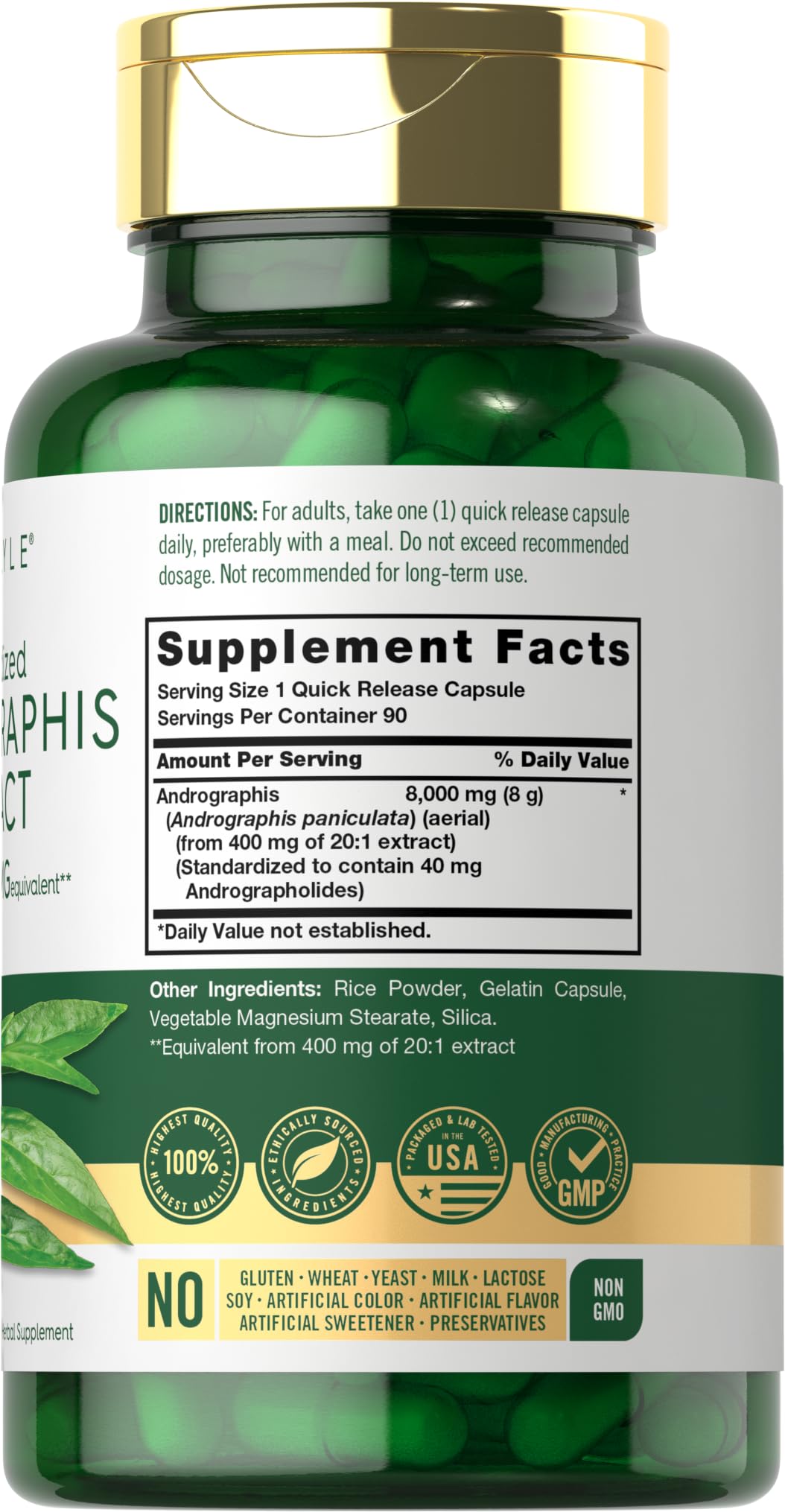 Carlyle Andrographis supplement nutritional facts label showing 40 milligrams of active andrographolides