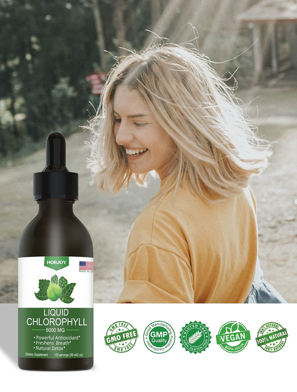 Authentic USA imported liquid chlorophyll bottle standing upright on a clean surface