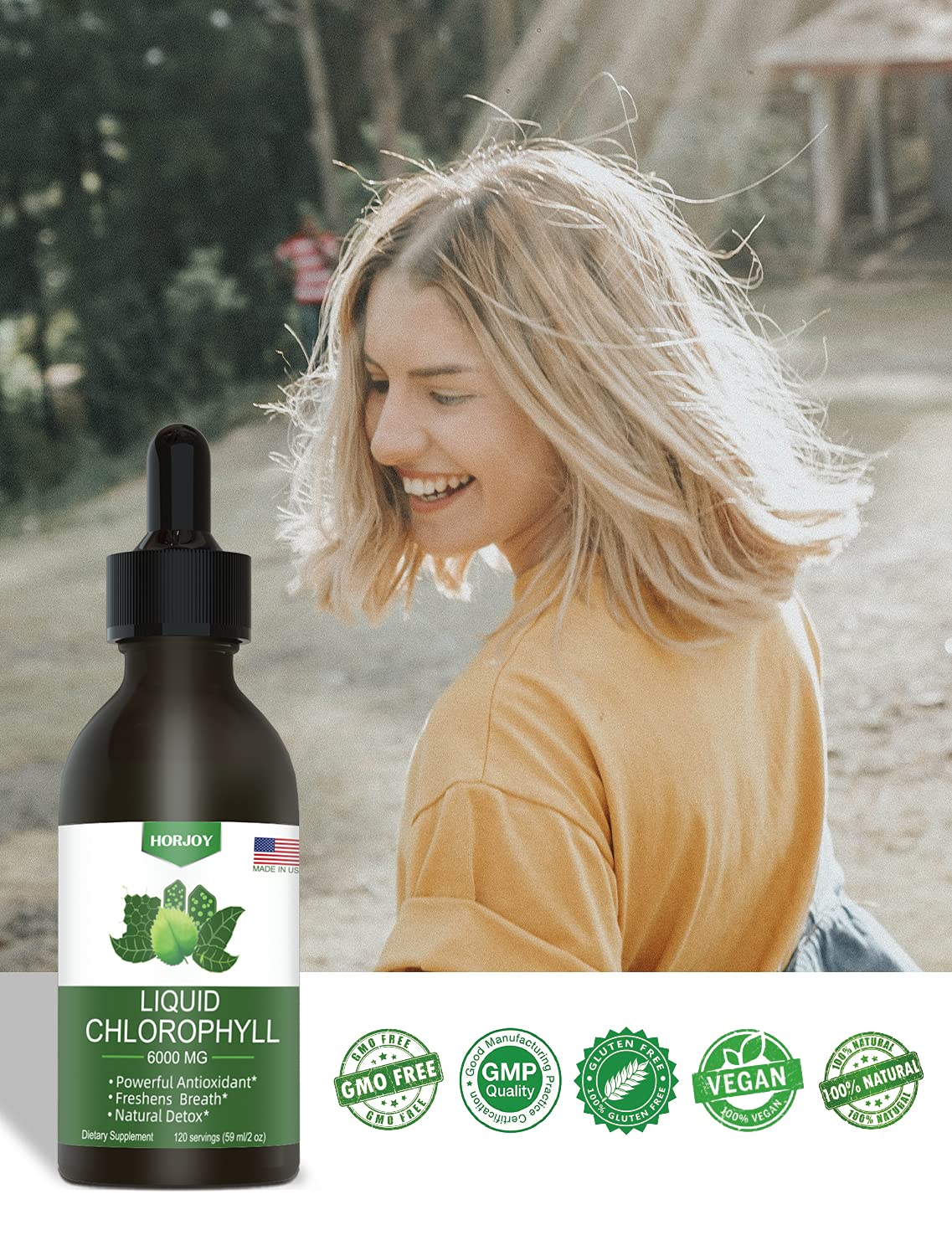 Authentic USA imported liquid chlorophyll bottle standing upright on a clean surface