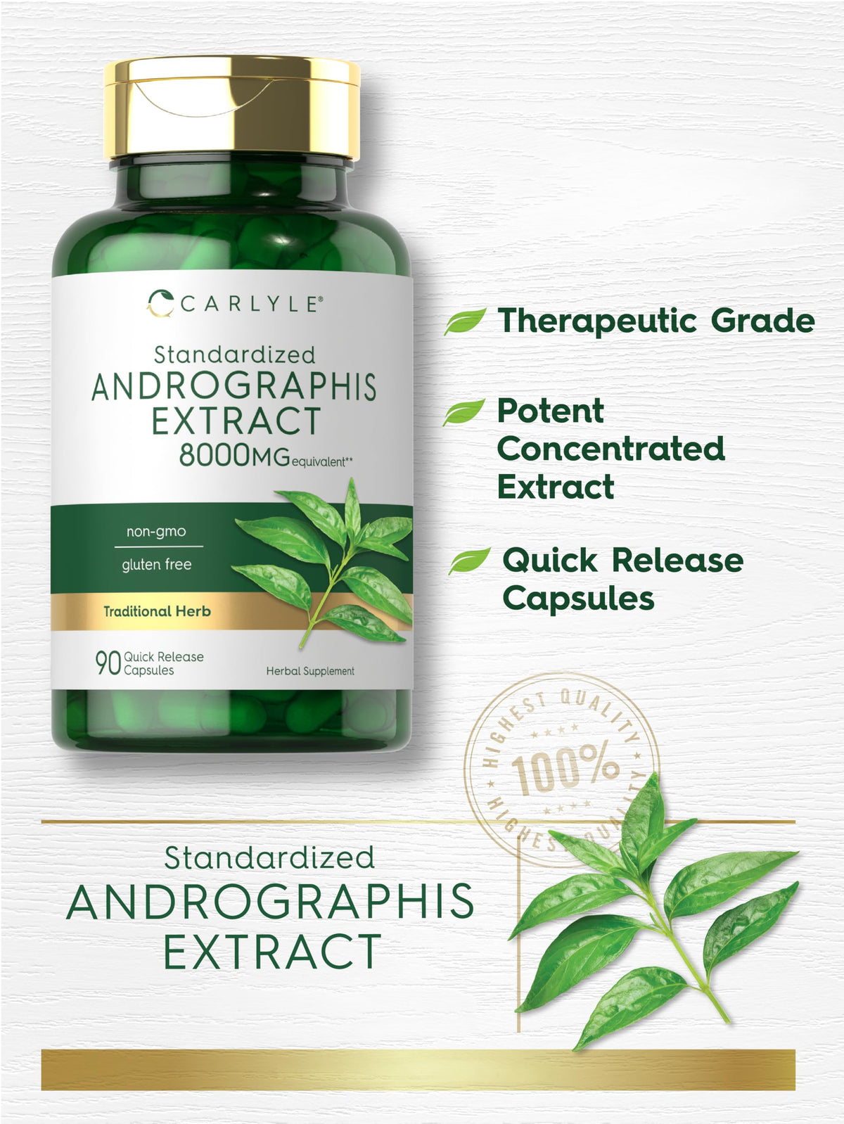 Authentic USA imported Carlyle Andrographis capsules packaging displaying gluten free seals