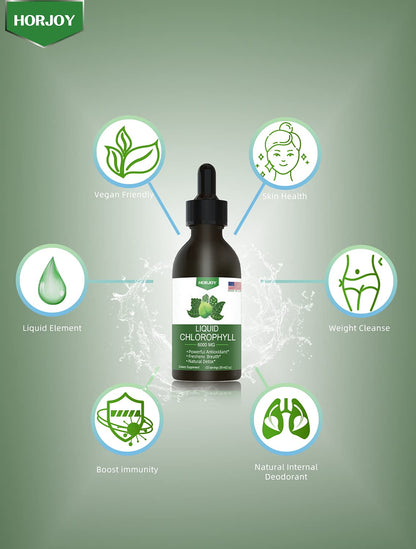 Premium green plant pigment chlorophyll drops showing natural mint flavor description