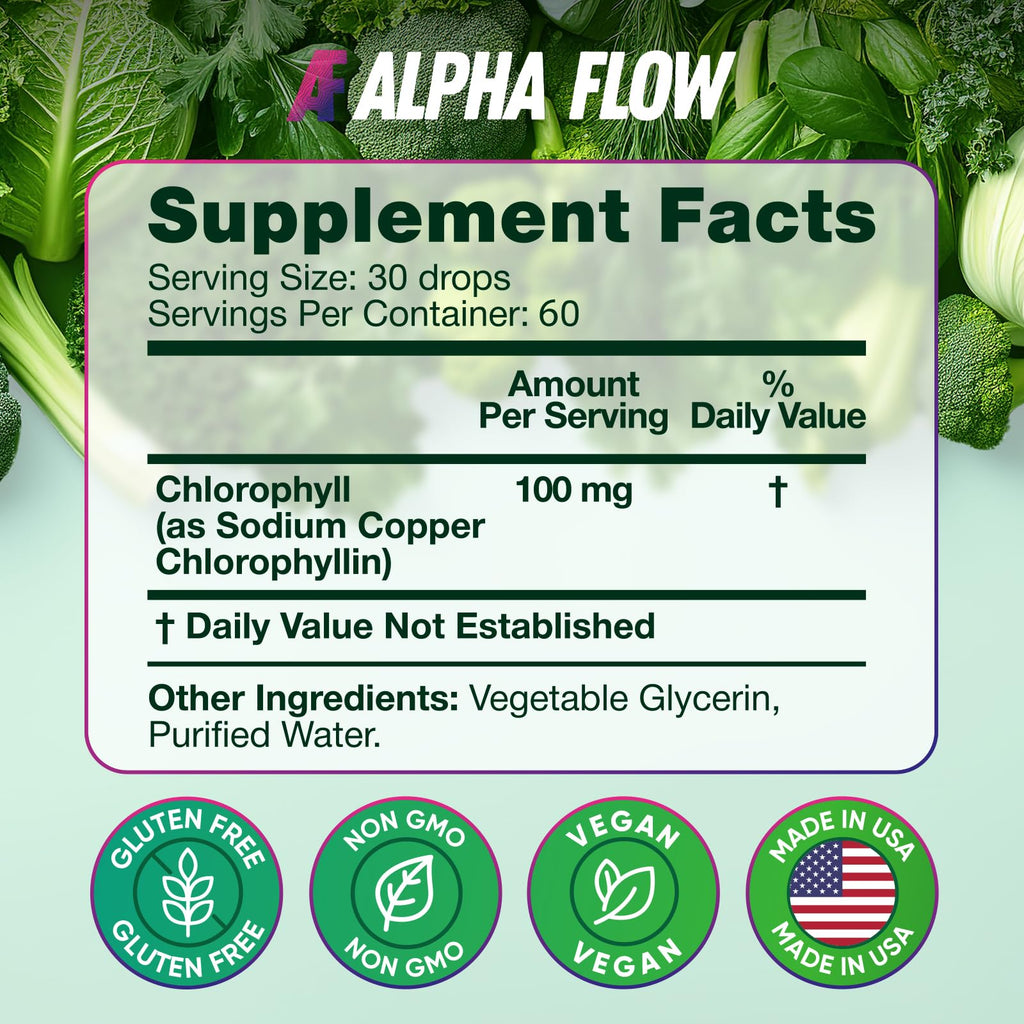 Premium liquid chlorophyll drops bottle showing supplement facts label