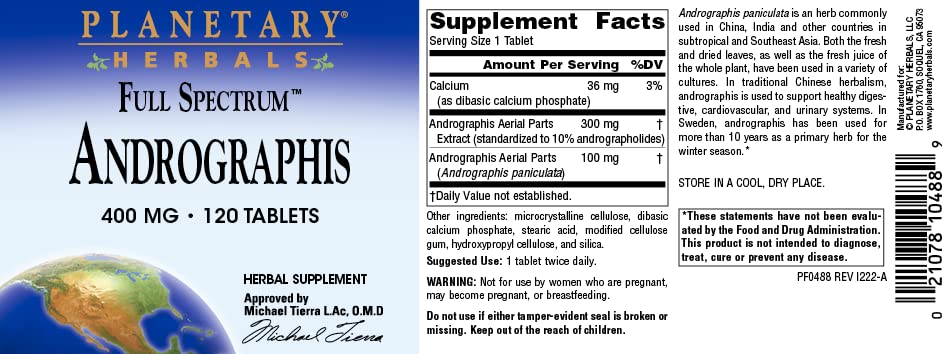 Planetary Herbals Andrographis full spectrum four hundred milligram herbal supplement directions