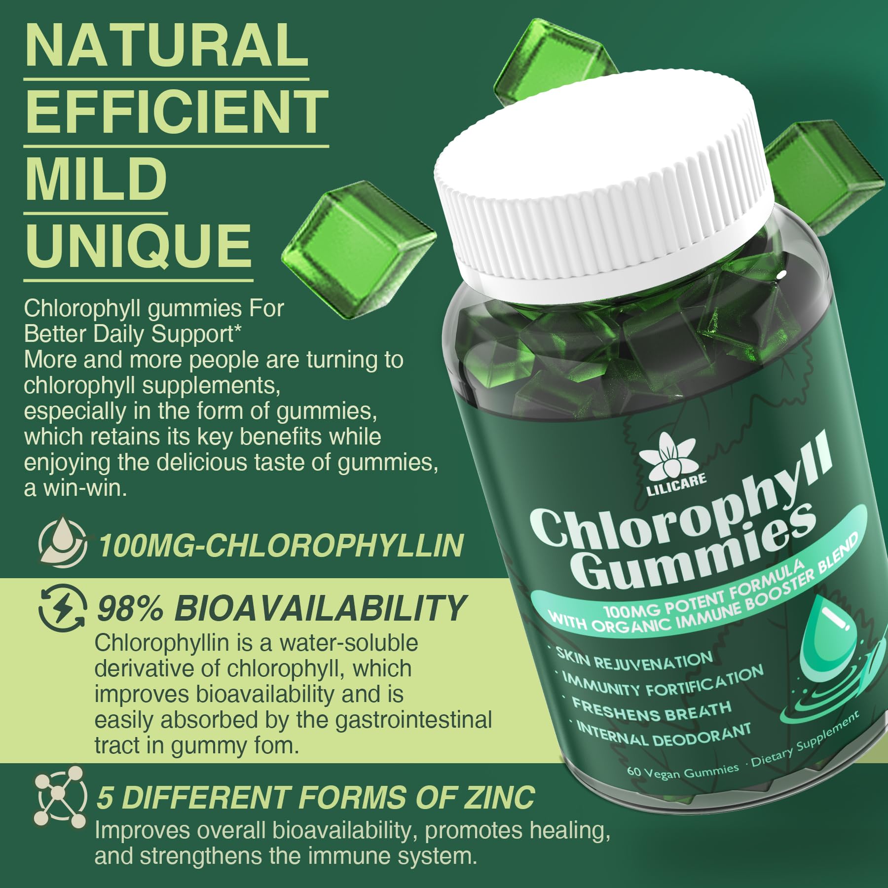 Vegan chlorophyll health gummies nutritional facts and premium USA imported ingredients panel