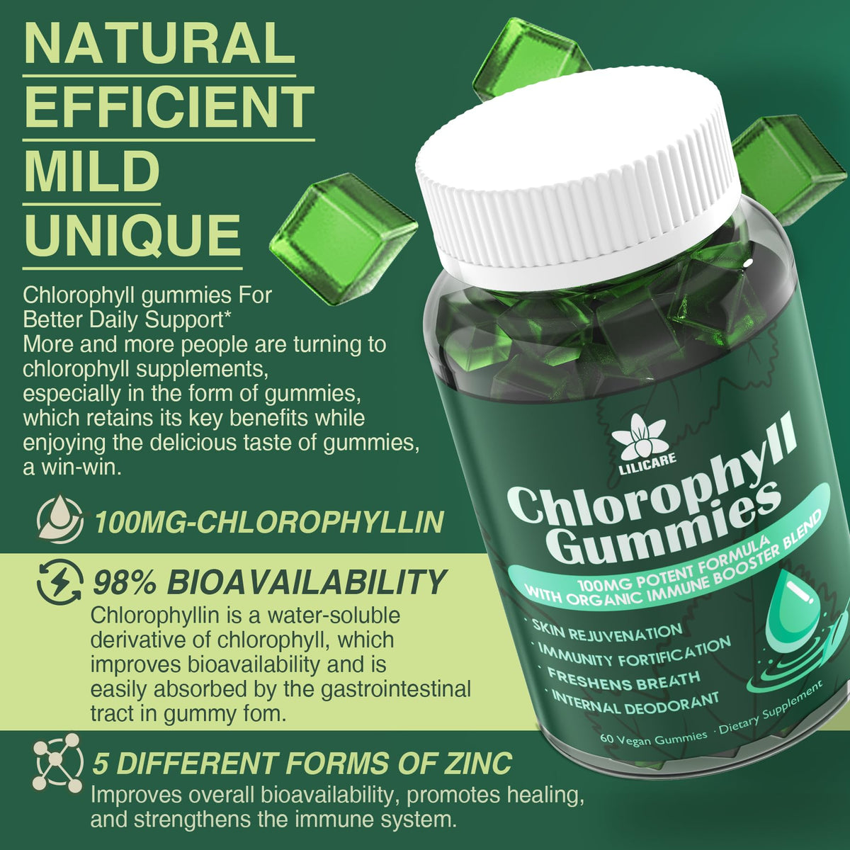Vegan chlorophyll health gummies nutritional facts and premium USA imported ingredients panel