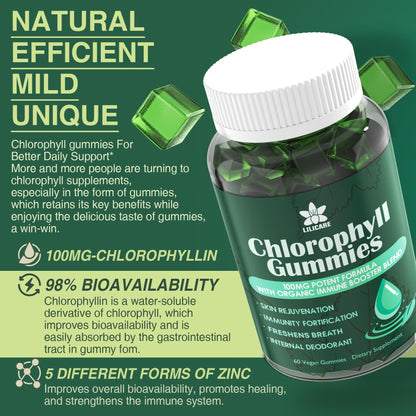 Vegan chlorophyll health gummies nutritional facts and premium USA imported ingredients panel