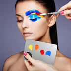 Compact portable makeup mixing palette held in hand during application.