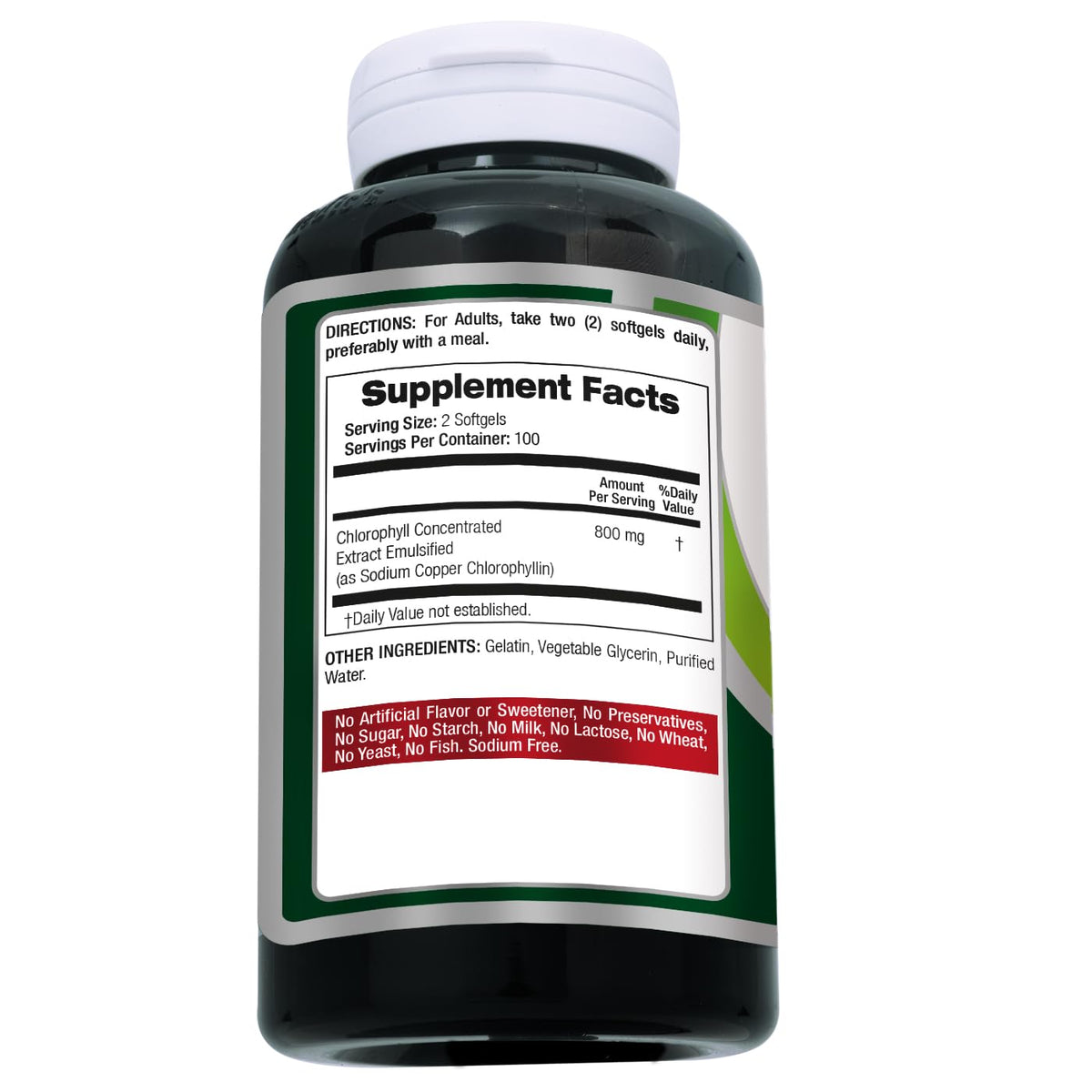 Fito Medic's Lab Chlorophyll Supplement Capsules showing the supplement facts and ingredients panel on the back label.