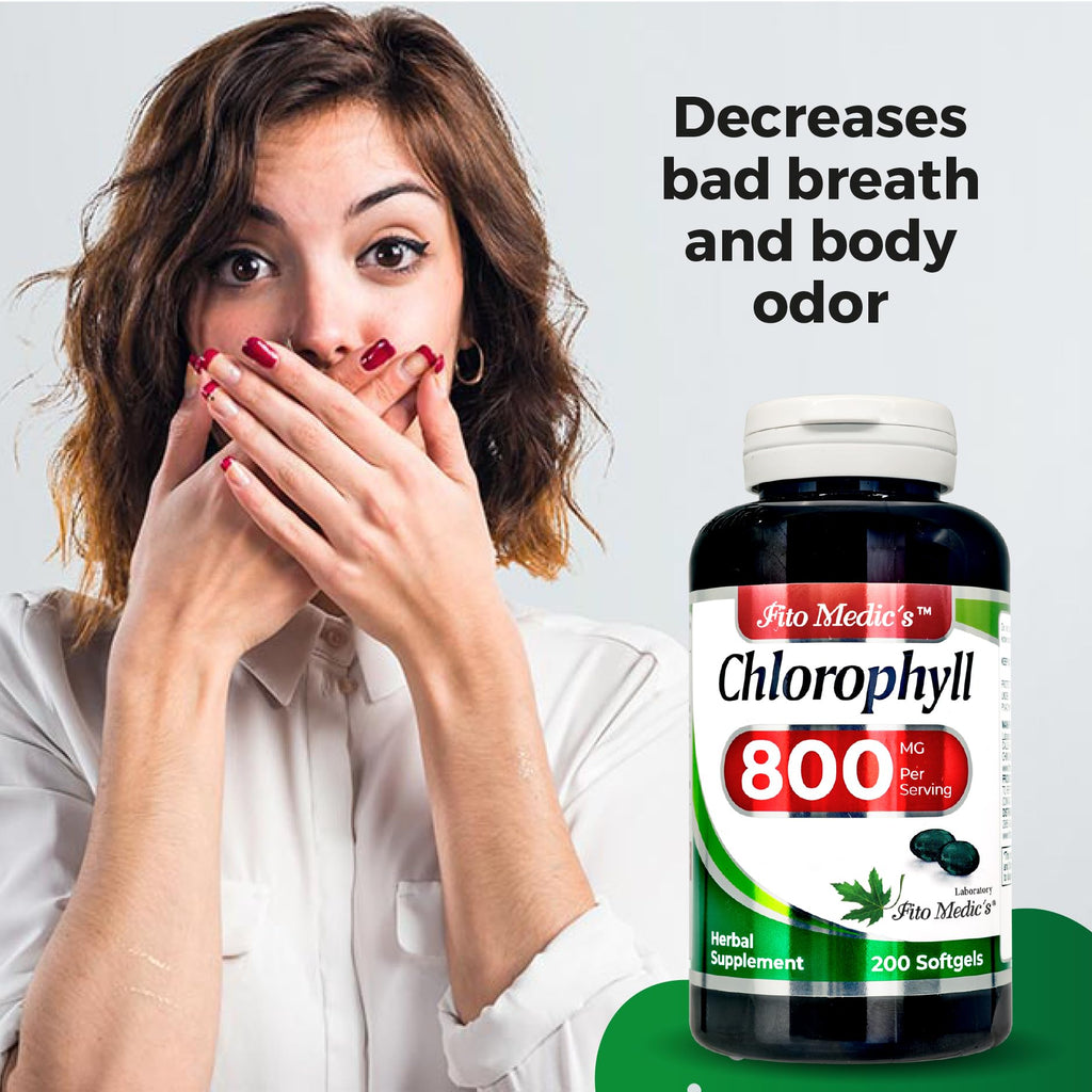 Side profile of Fito Medic's Lab Chlorophyll 800 mg bottle highlighting the premium American imported quality seal.