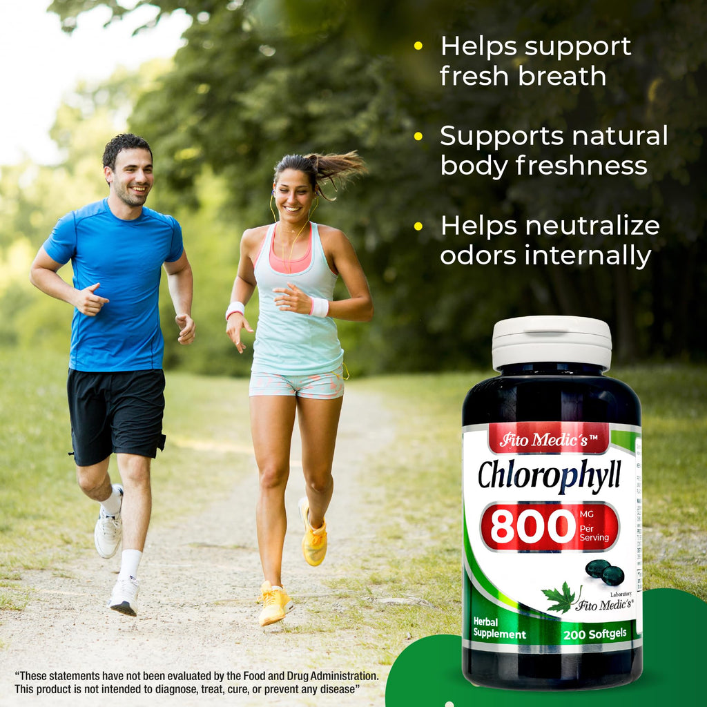 Easy to swallow green plant based chlorophyll softgels placed next to the Fito Medic's Lab product packaging.
