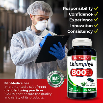 An array of premium Fito Medic's Lab Chlorophyll softgels showing the high absorption green food formulation details.