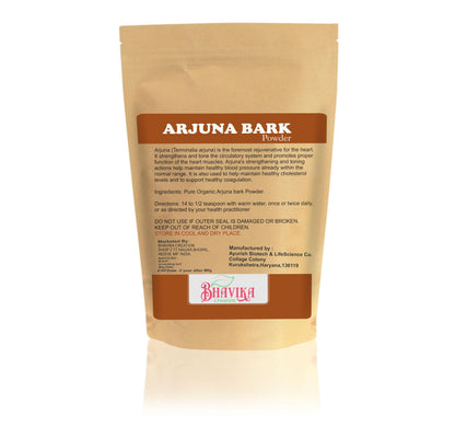 Finely milled Ayurvedic Arjun ki Chaal supplement powder by Bhavika Creation showing organic certification labels.
