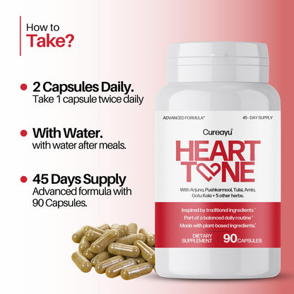Cureayu Ayurvedic cholesterol support capsules bottle displaying key herbal ingredients like Arjuna and Amla.