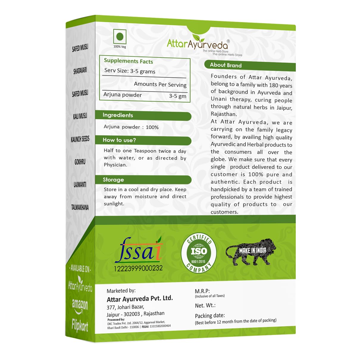 Attar Ayurveda Arjuna Powder nutritional facts and ingredient label