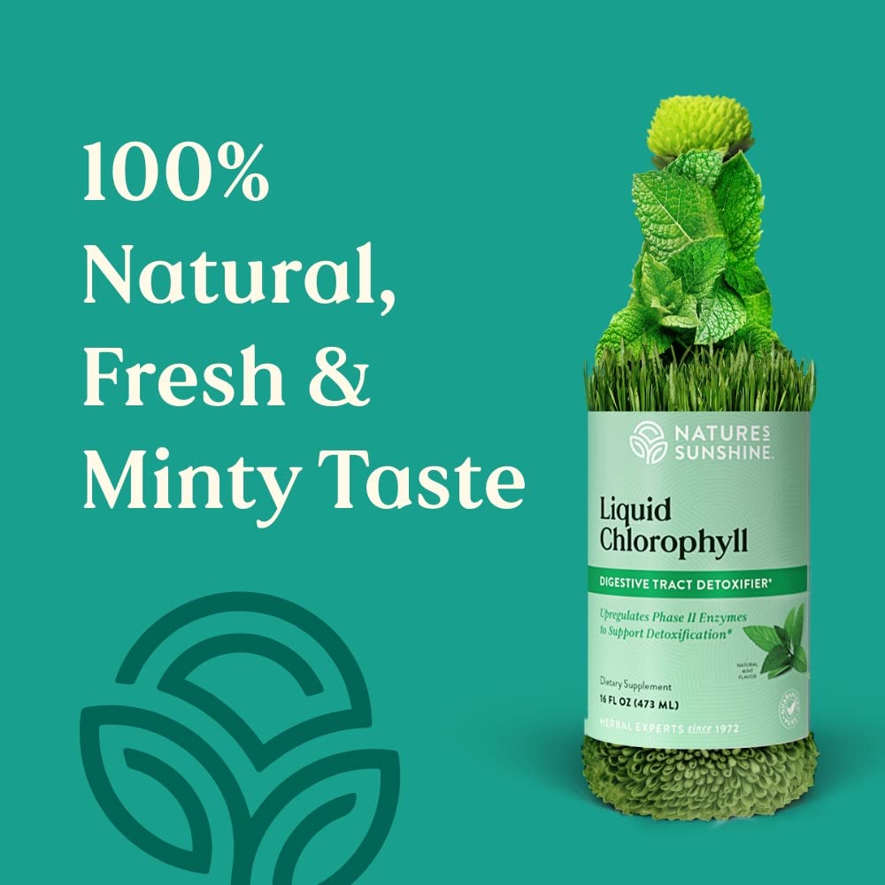 Premium imported liquid chlorophyll bottle by Nature's Sunshine depicting the paraben free seal