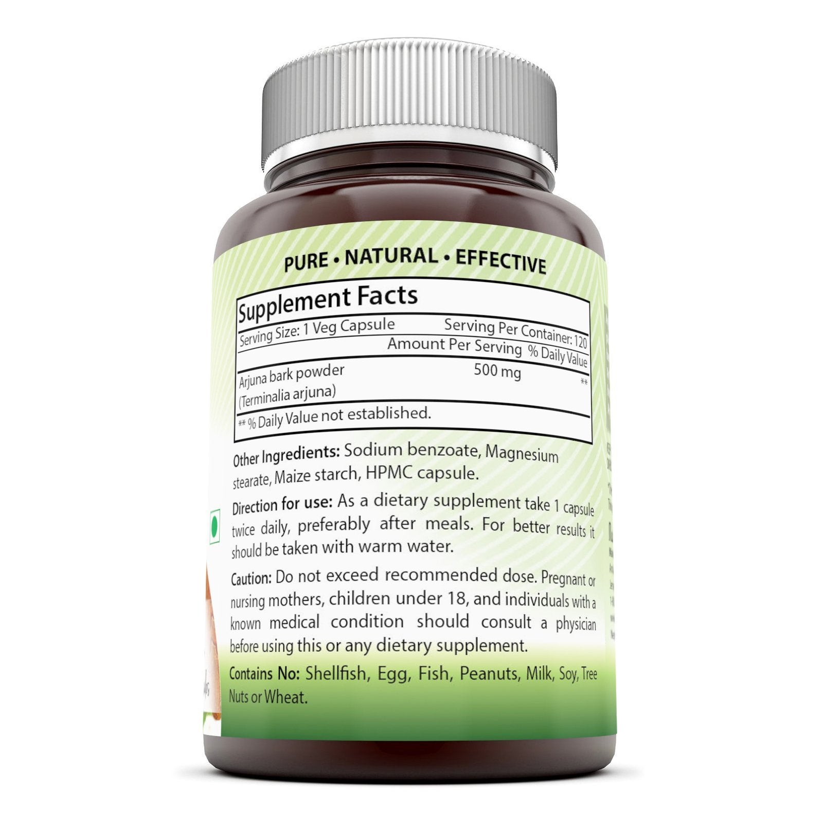 Side angle of Amazing India Arjuna Bark extract container highlighting the 25 percent standardized tannins claim.