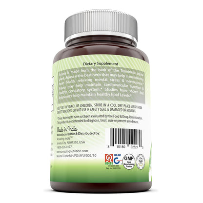 Back label of Amazing India Arjuna Bark 500mg detailing supplement facts and ingredient profile.