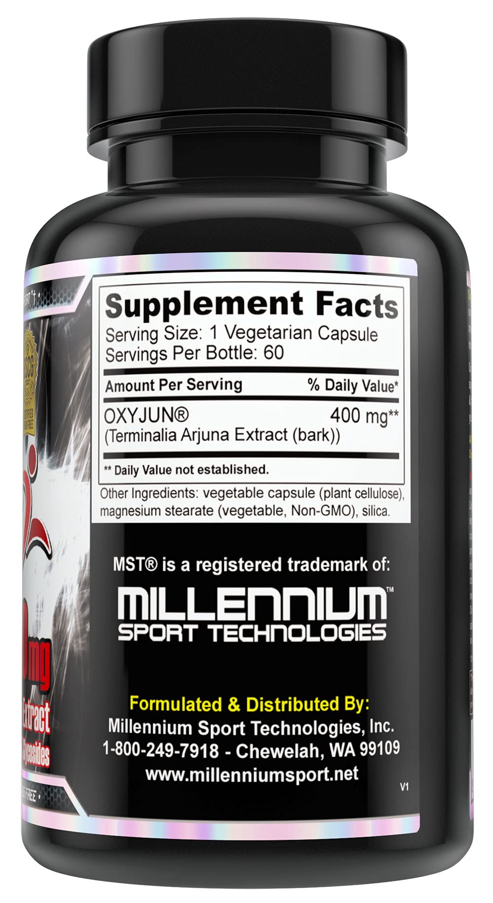 Close up of the Imvelo Millennium Sport Technologies Oxyjun supplement container highlighting the drug free certification seal