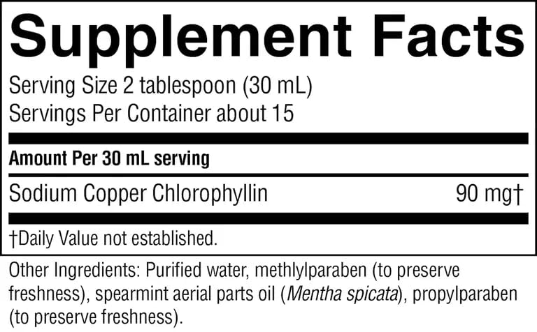 Nature's Sunshine antioxidant liquid chlorophyll complex bottle highlighting standard dosage instructions