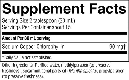 Nature's Sunshine antioxidant liquid chlorophyll complex bottle highlighting standard dosage instructions