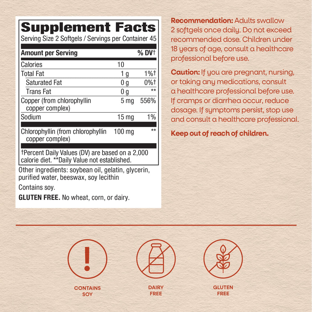 Nature's Way Chlorofresh white mulberry sourced chlorophyll softgels size overview