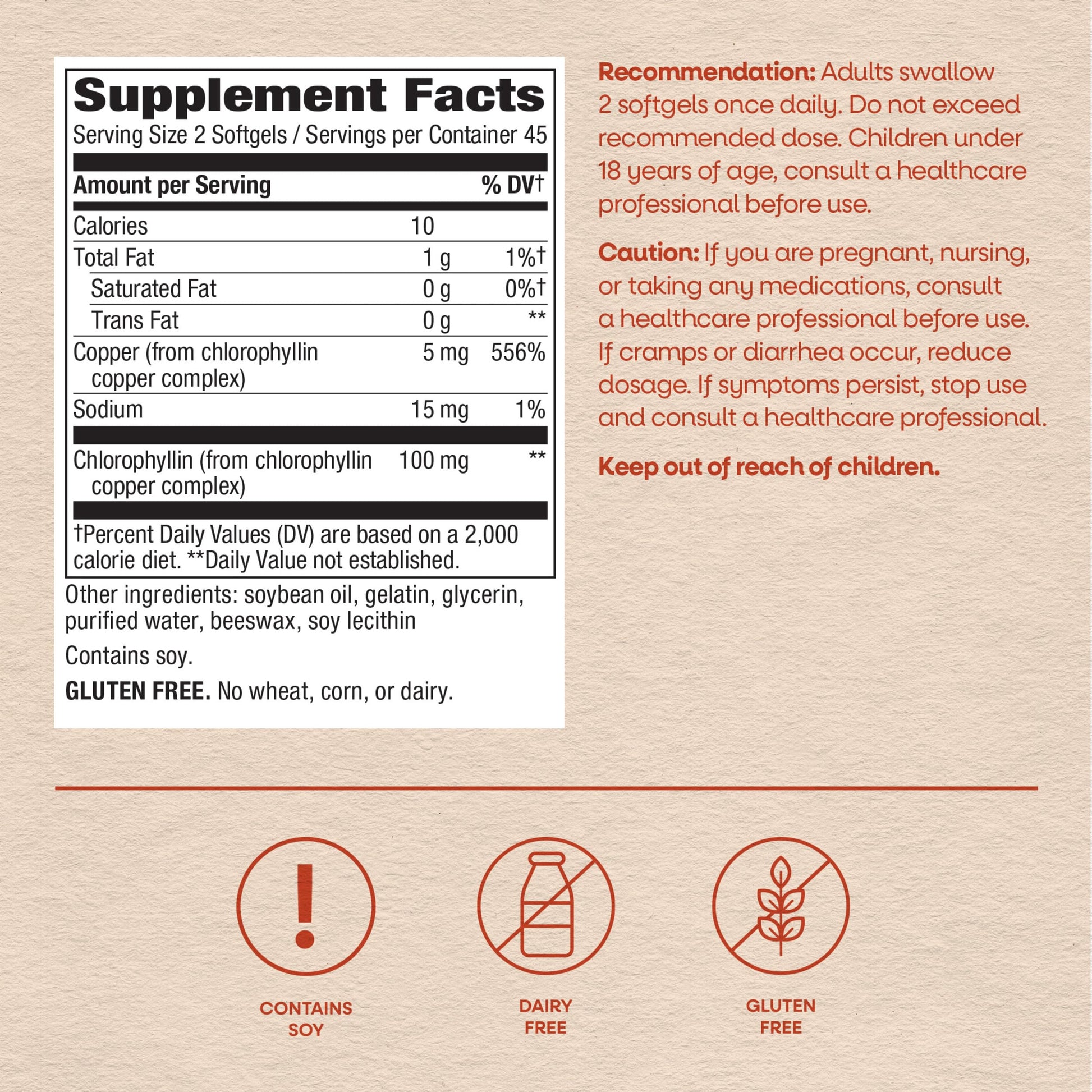 Nature's Way Chlorofresh white mulberry sourced chlorophyll softgels size overview