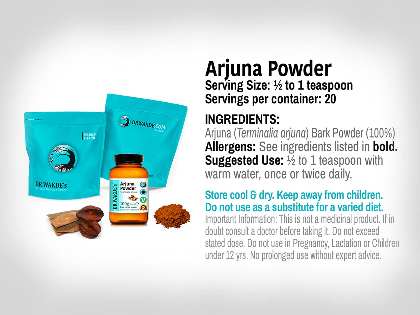Pure Ayurvedic arjuna bark fine powder in a premium glass container