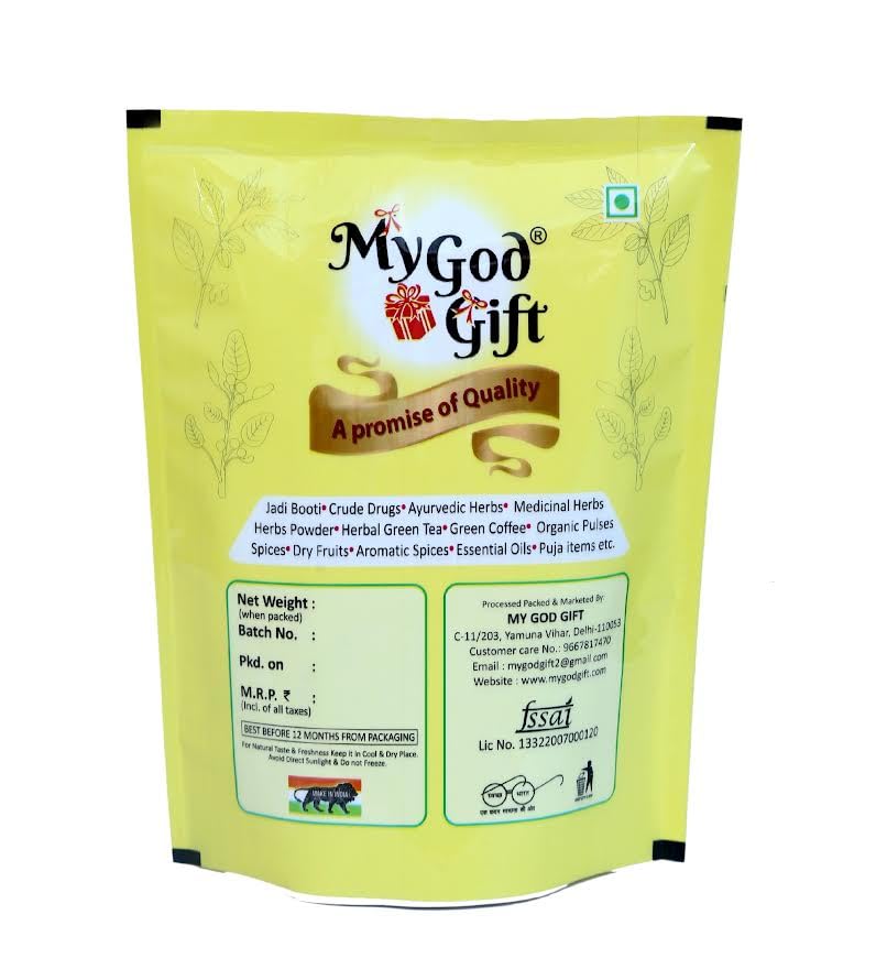 Food grade stand up zipper pouch of My God Gift Saraca Indica tree bark supplement.