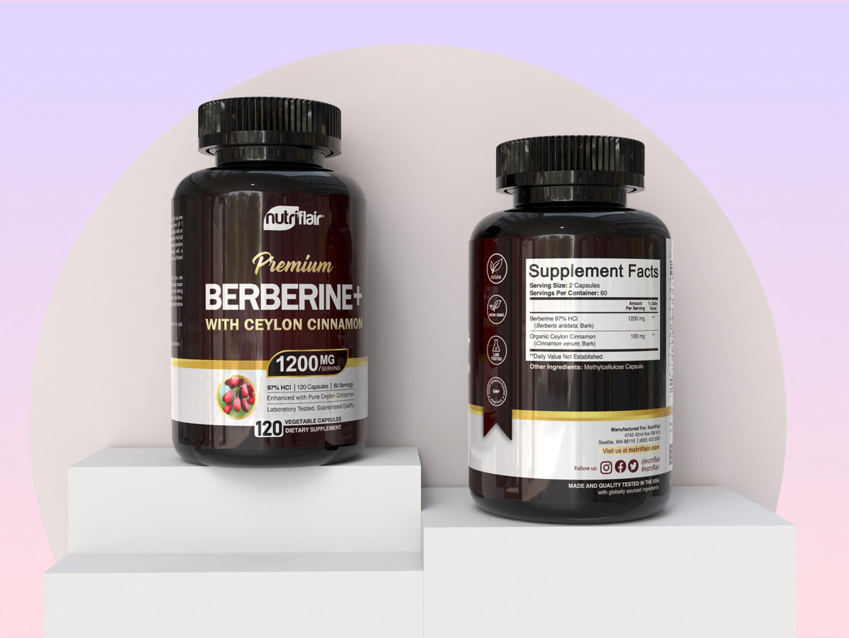 NutriFlair Berberine supplement label showing 120 vegetable capsules