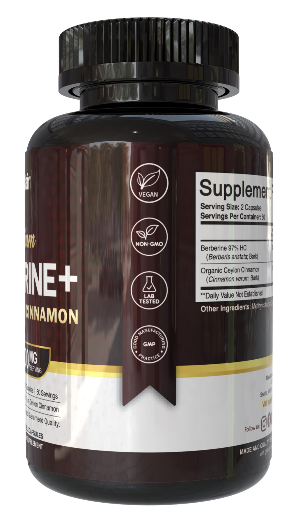 NutriFlair Berberine and Ceylon Cinnamon bottle side view