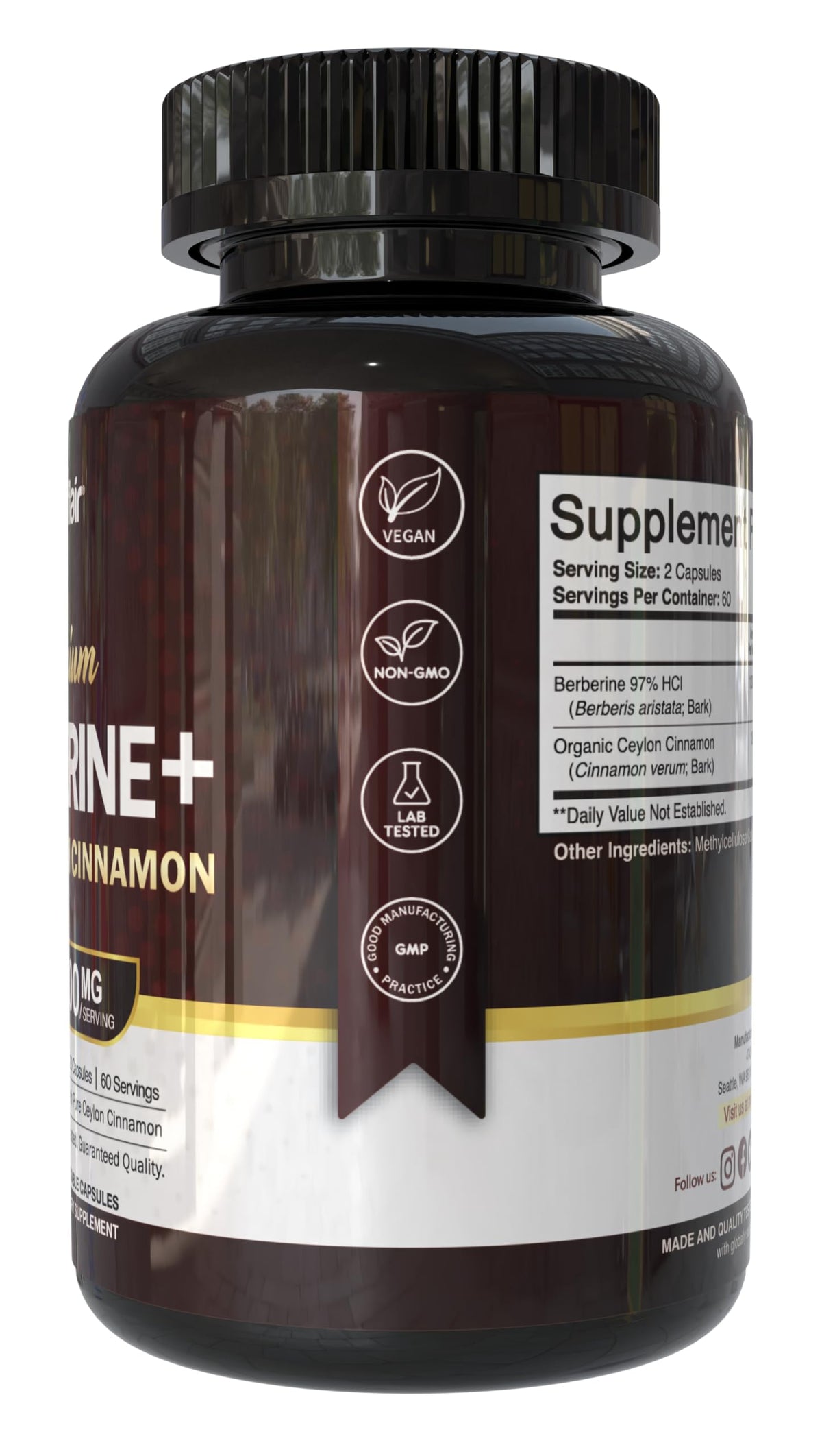 NutriFlair Berberine and Ceylon Cinnamon bottle side view