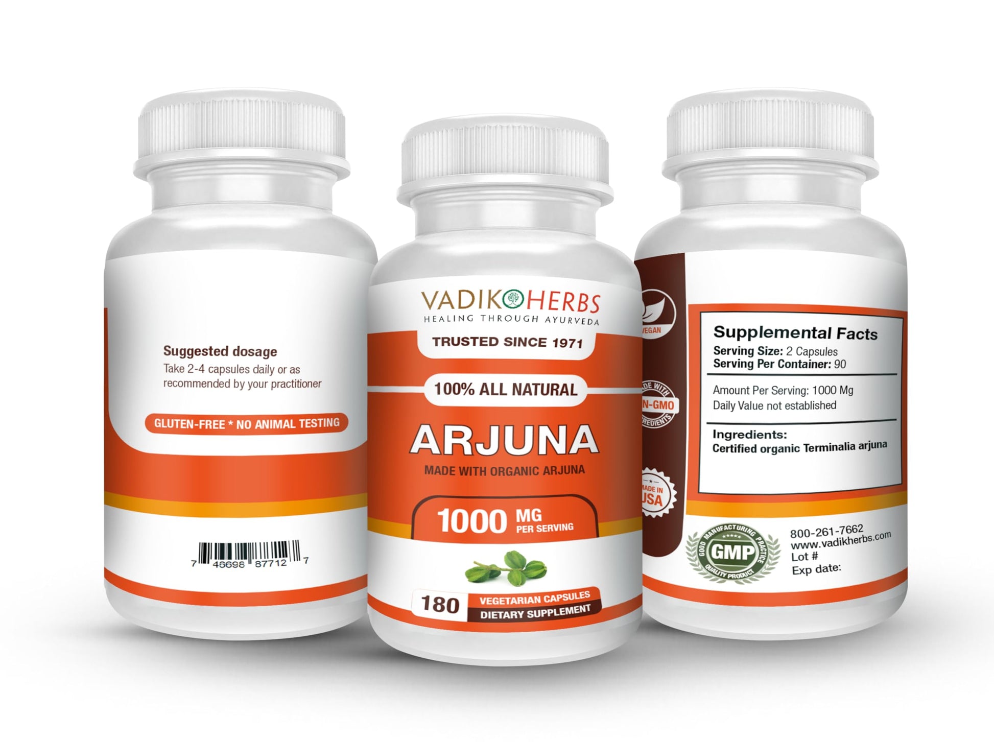 Vadik Herbs Terminalia arjuna one hundred and eighty vegetarian capsules bottle label